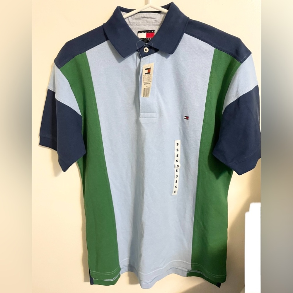 Sz US S Tommy Hilfiger Blue and Green Polo Shirt with Color-Block Design